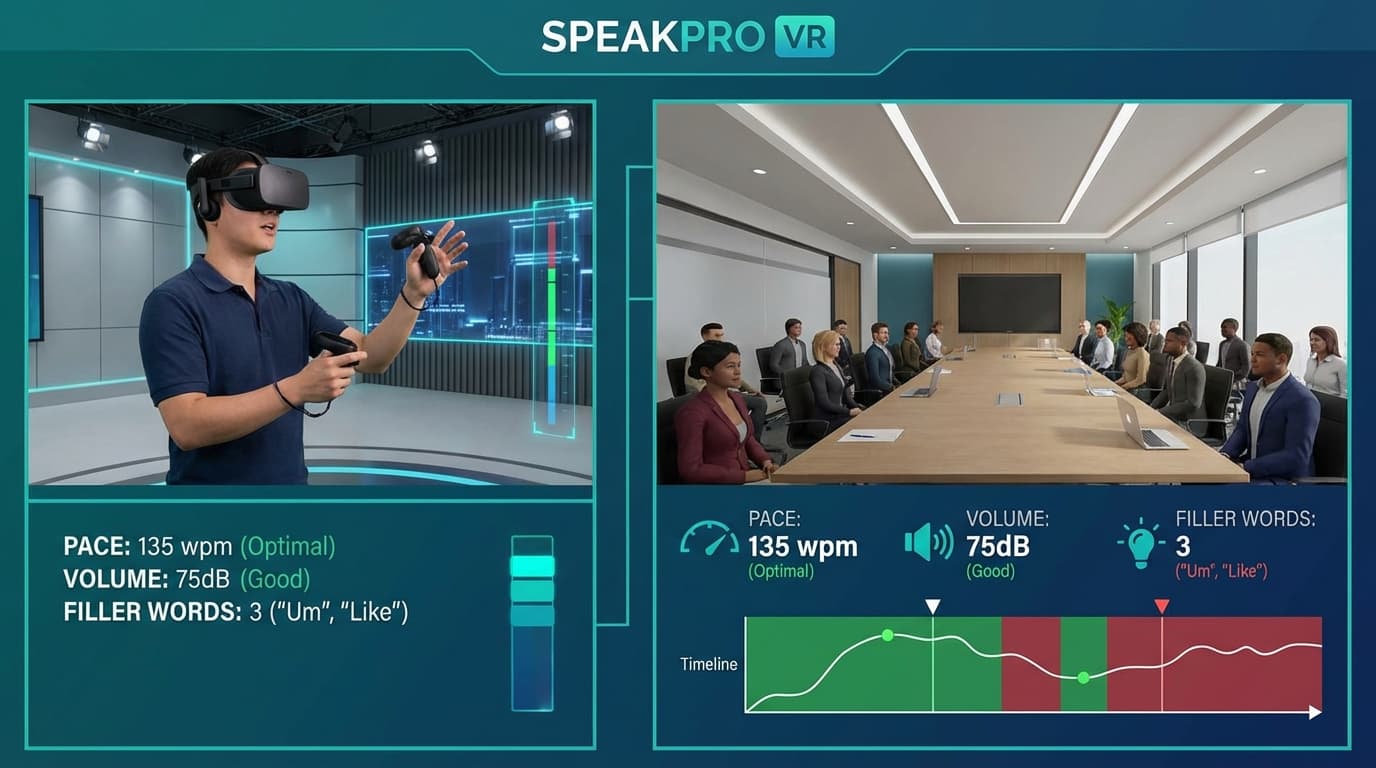 VR public speaking training with virtual audience and real-time speech metrics